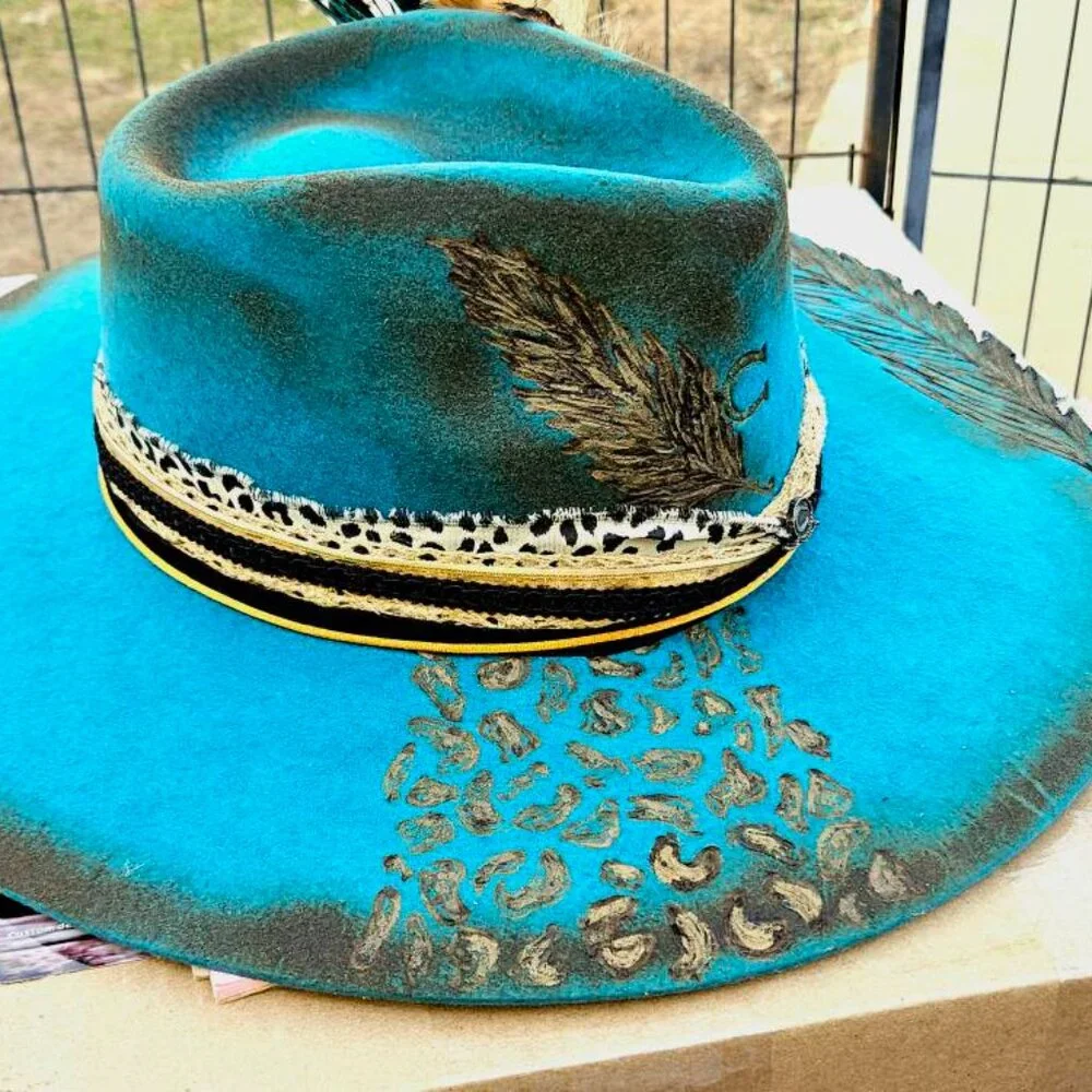 Charlie 1 Horse Turquoise HAND Burned Hat - Picture 3 of 5
